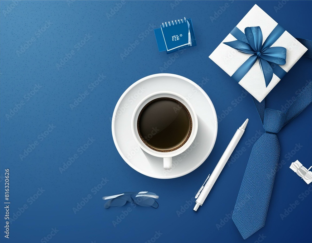 Father's day morning surprise concept. Top view of coffee, gift, and accessories on rich blue background