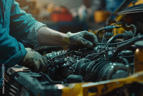 mechanic repairing car engine in auto repair shop garage automotive service concept