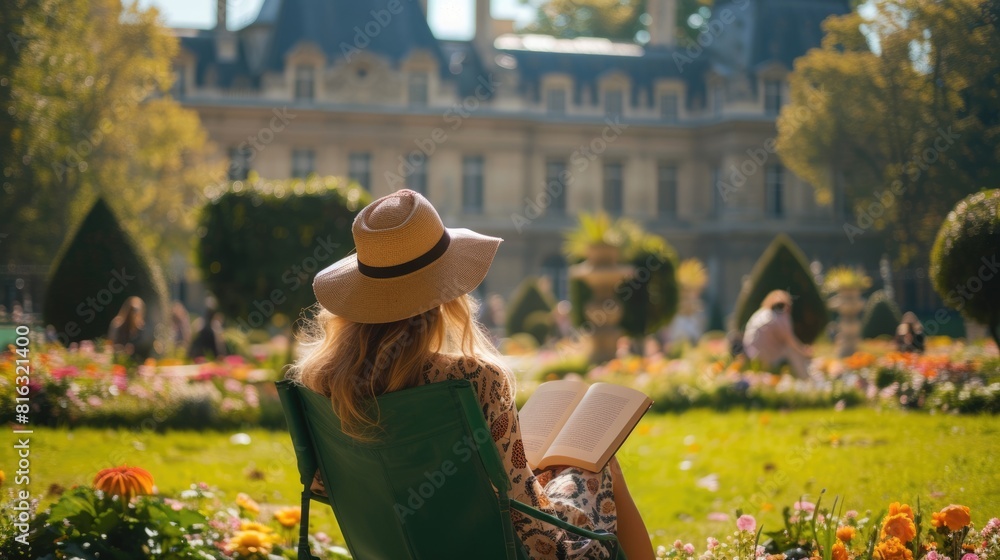 Photography of attractive woman enjoy reading while sitting at green garden with calm. An image of young beautiful happy girl holding a journal and novel while looking and relaxing on chair. AIG42.