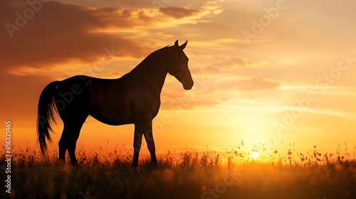 horse silhouette in the countryside and beautiful sunset background   Generative AI