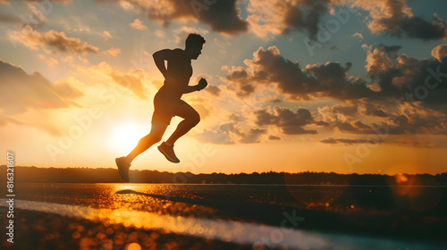 Silhouette of young man running sprinting on road Fit runner fitness runner during outdoor workout with sunset background   Generative AI
