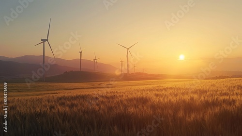 Sunset View of Wind Turbines in a Field