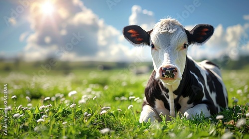 Portrait of a cow eating grass in a farm pasture photo