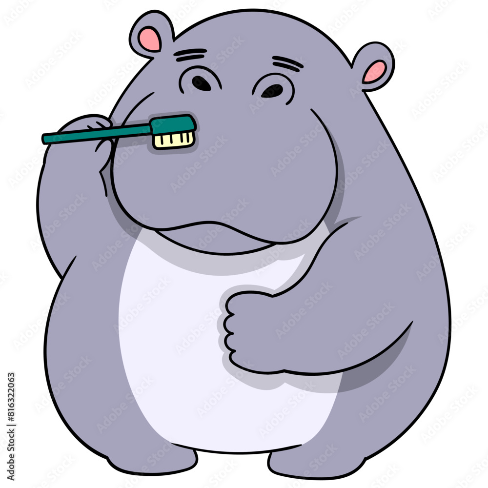 hippo standing and brushing its teeth to be healthy hippo standing and brushing its teeth to be healthy