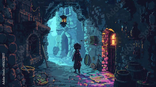 A pixel art illustration of a person walking down a dark alleyway. The alleyway is lit by a few lanterns and the person is wearing a long cloak.