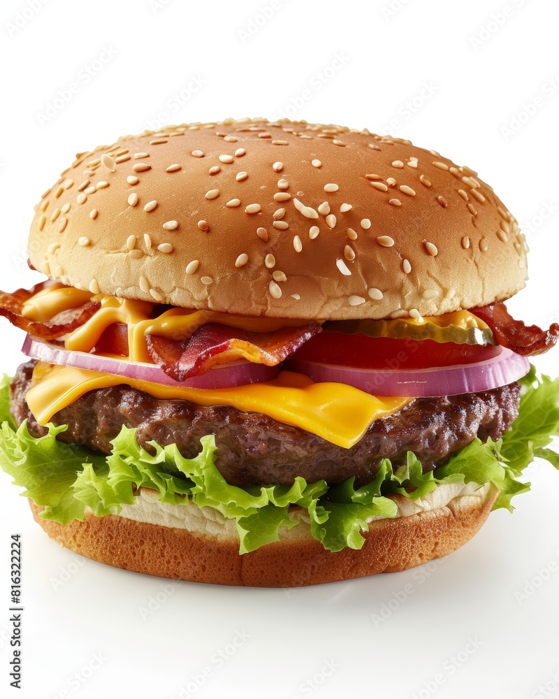 Sesame Bacon Cheeseburger Isolated on White Background. Generative AI.