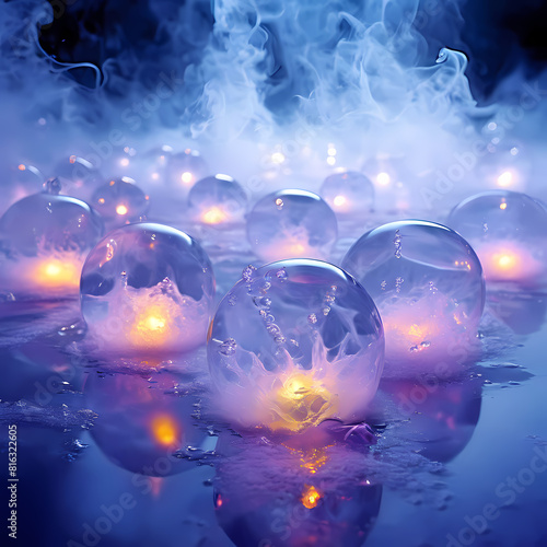 Abstract illustration of purple and orange light particles trapped in ice spheres