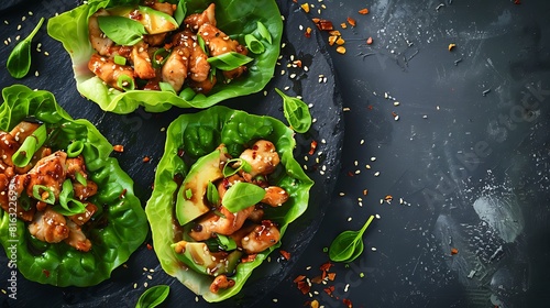 Teriyaki chicken lettuce wraps with avocado, fresh foods in minimal style