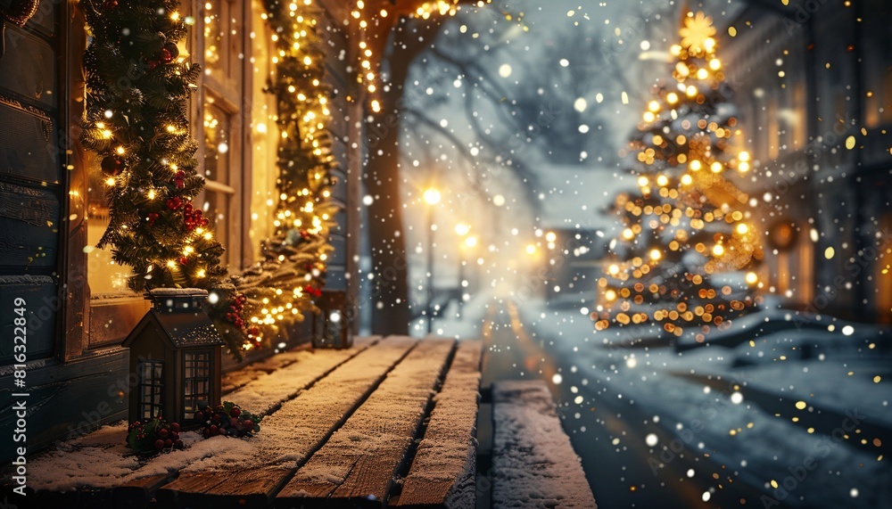 Magical Christmas Eve Scene with Snowfall and Festive Decorations Magical Christmas Eve Scene with Snowfall and Festive Decorations