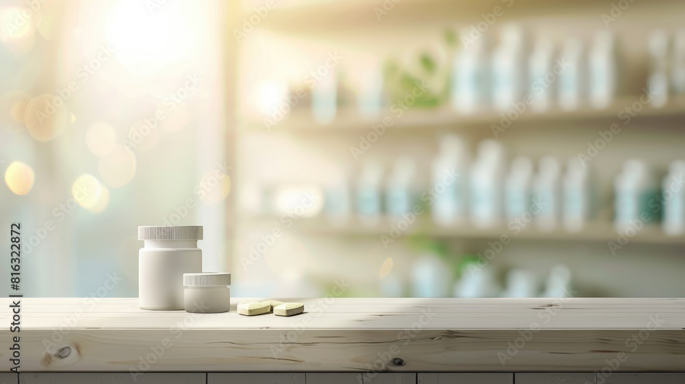 Pharmacology medicine stand mockup, empty podium on table with banner and copy space, showcasing pharmaceutical products, research, and innovation in the healthcare industry. Pharmacology medicine stand mockup, empty podium on table with banner and copy space, showcasing pharmaceutical products, research, and innovation in the healthcare industry.