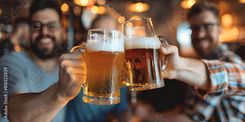 Hands of men clinking glasses with beer at bar or pub Drinking beer at the bar Closeup of two friends. 