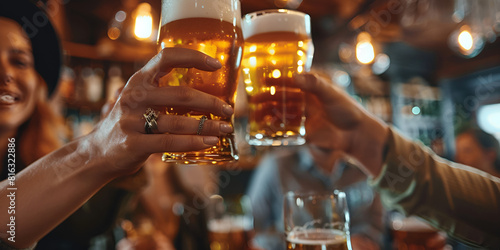 Closeup of happy young people toasting with beer while spending fun time together. 