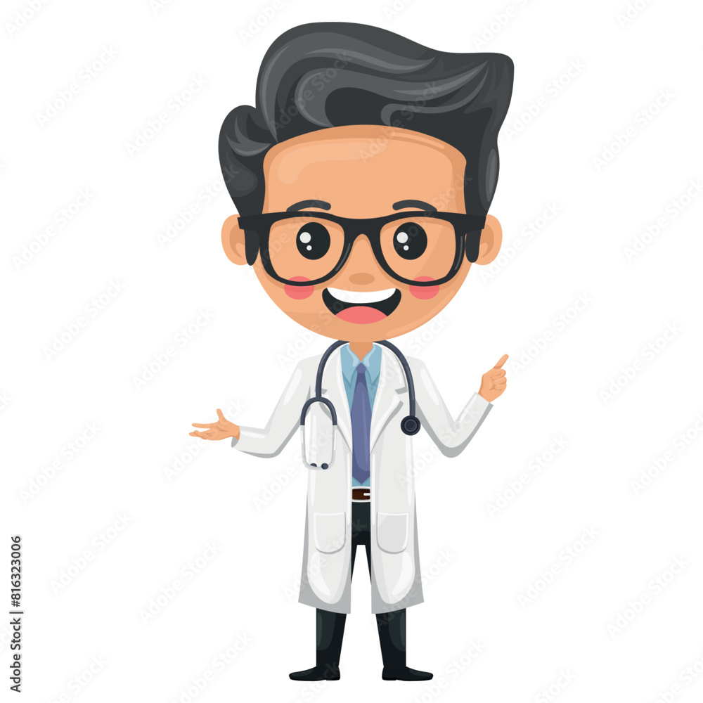 Doctor character cartoon with a stethoscope pointing his finger. Express an idea and indicate with the index finger. Health and medicine concept. Research, science and technology in health Doctor character cartoon with a stethoscope pointing his finger. Express an idea and indicate with the index finger. Health and medicine concept. Research, science and technology in health