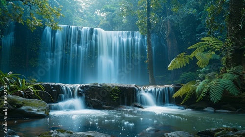 waterfall cascading down into a crystal-clear pool  surrounded by lush greenery. The scene is in the early morning.