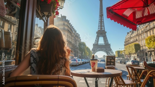 Portrait of beautiful young tourist sitting at coffee shop and looking at tourist attraction. Attractive woman enjoy vacation in summer while prepare drink coffee and watching impressive view. AIG42.