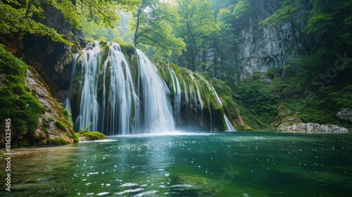 waterfall cascading down into a crystal-clear pool  surrounded by lush greenery. The scene is in the early morning.