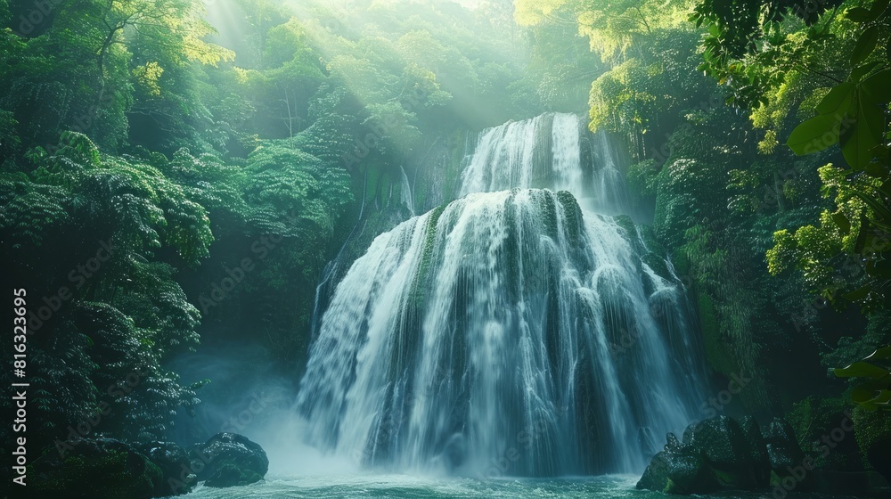 waterfall cascading down into a crystal-clear pool, surrounded by lush greenery. The scene is in the early morning. waterfall cascading down into a crystal-clear pool, surrounded by lush greenery. The scene is in the early morning.