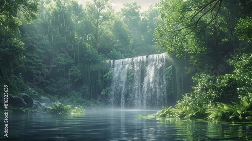 waterfall cascading down into a crystal-clear pool  surrounded by lush greenery. The scene is in the early morning.