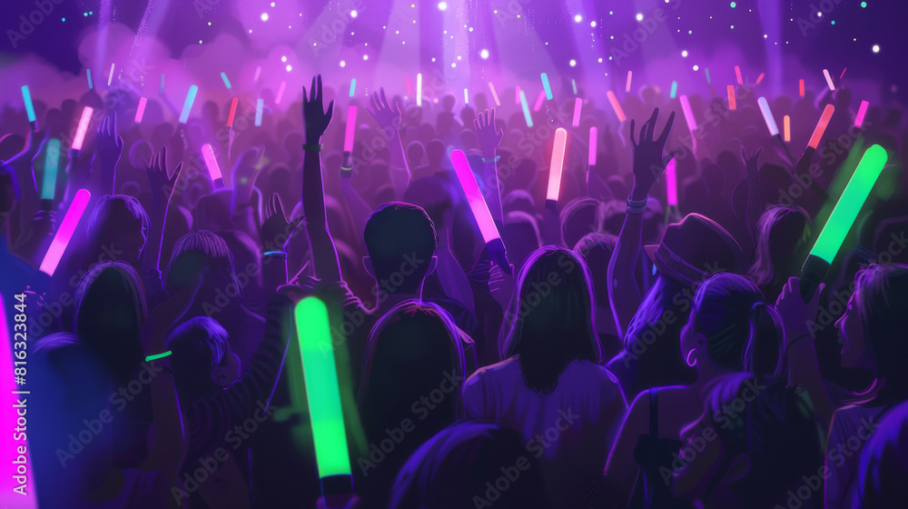 A lively crowd dancing and waving glow sticks at a night concert