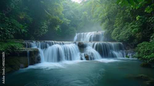 waterfall cascading down into a crystal-clear pool  surrounded by lush greenery. The scene is in the early morning.