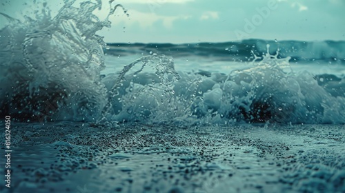 Sea waves crash onto the shore and splatter photo