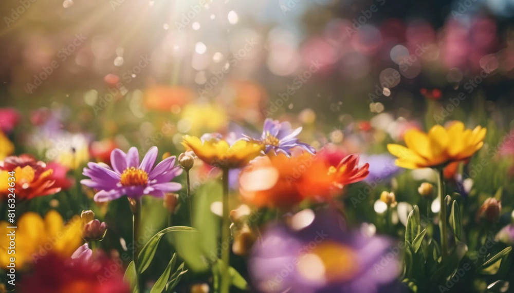 Spring flowers in the garden with sun rays and bokeh, ai Spring flowers in the garden with sun rays and bokeh, ai