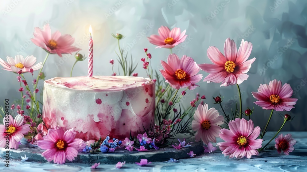 Birthday celebration with pink cosmos and cake Birthday celebration with pink cosmos and cake
