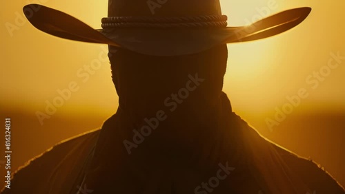 As the sun dipped below the horizon the duelists westernstyle hat cast an ominous shadow over his mysterious face concealing his true intentions. 2d flat cartoon. photo