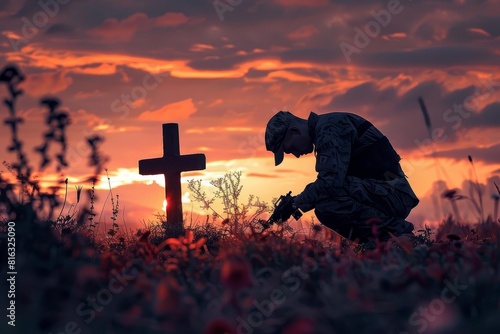 somber military man kneeling at grave of fallen soldier poignant sunset veteran honoring sacrifice digital art photo