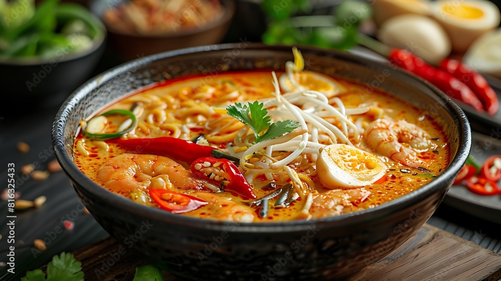 Fresh presentation of Curry laksa street food in Malaysia, food studio photography
