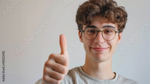 A young man wearing glasses giving a thumbs up gesture and making eye contact with the camera against a white background