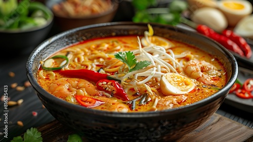 Fresh presentation of Curry laksa street food in Malaysia, food studio photography