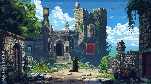 The image is a pixel art of a medieval castle. The castle is in ruins, with broken walls and towers. photo