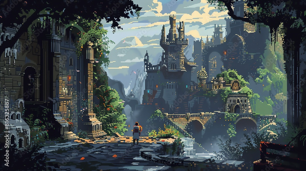 The image is a pixel art of a fantasy city. The city is built on a ...