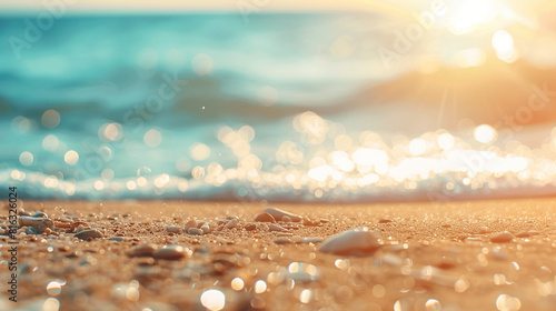 Close up shot of foaming sea wave and sand with beautiful blurred sunny beach background