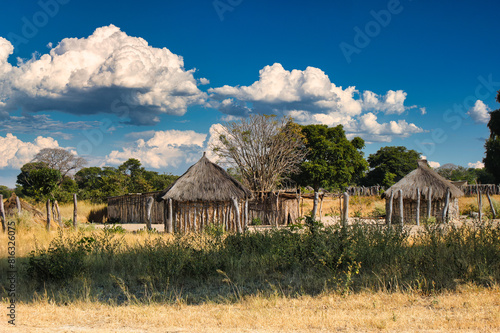 african village with rondavel shack, human settlement near Kalahari desert