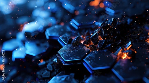 3d black abstract background with hexagon shapes, splashing blue fire explosion, Abstract 3D render, hexagonal black surface, glowing blue fire, sparkling details, dark palette photo