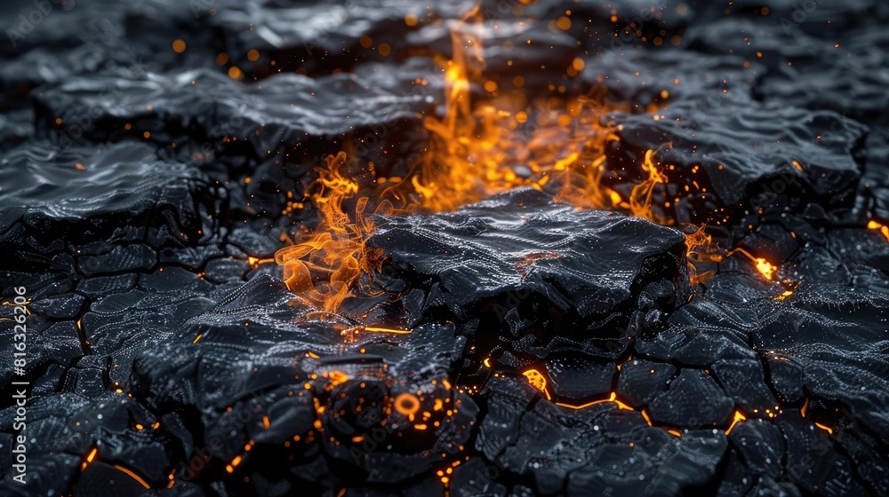 3d black abstract background with hexagon shapes, splashing magma fire ...