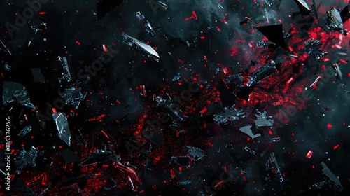 a dark background with chaotic shapes of black and red, shattered glass fragments, broken pieces flying in the air, creating an abstract visual effect photo