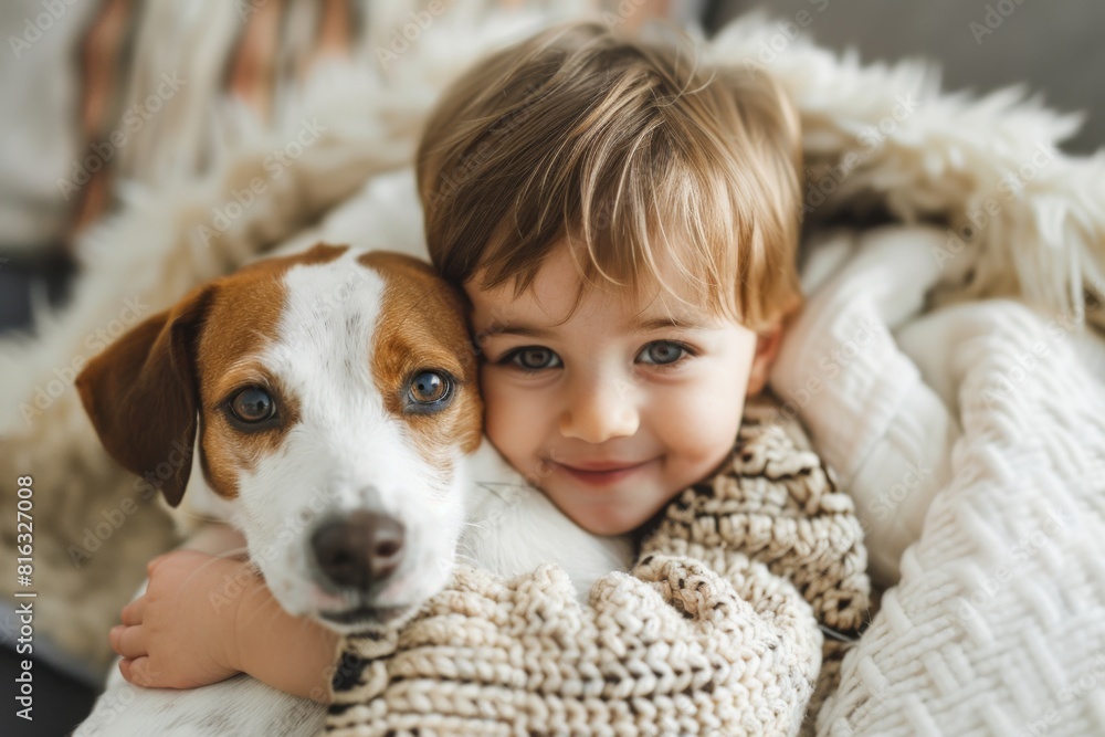 toddler cuddling dog on bright background toddler cuddling dog on bright background