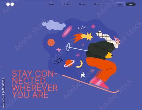 Life Unframed: Cosmic skier -modern flat vector concept illustration of a man skiing in the space. Metaphor of unpredictability, imagination, whimsy, cycle of existence, play, growth and discovery