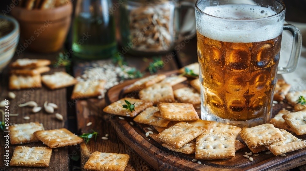 Platter of crackers with a glass of beer on a wooden backdrop Frame made of food items Platter of crackers with a glass of beer on a wooden backdrop Frame made of food items