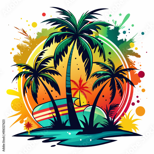 Summer design with palm trees on color splash sticker concept on white background,print design on t-shirt