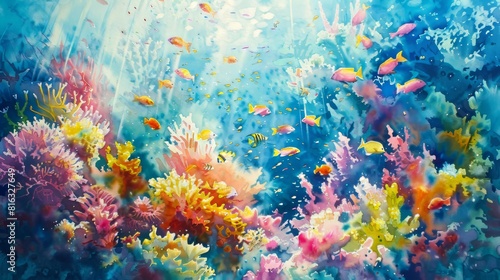Vibrant Watercolor Painting Of Coral Reef With Fishes