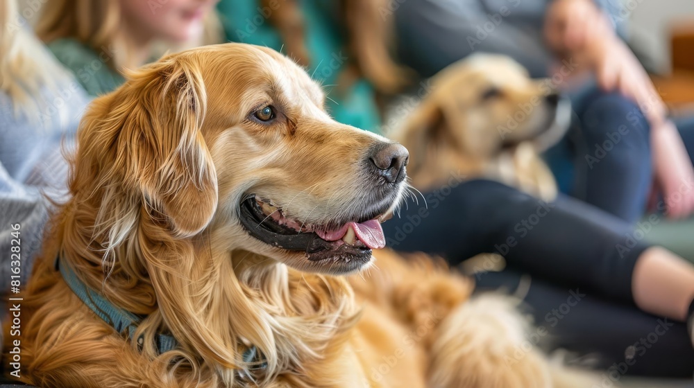 A therapeutic setting where dogs are trained in a group to provide emotional support, interacting gently with children and adults in a calming environment, Close up A therapeutic setting where dogs are trained in a group to provide emotional support, interacting gently with children and adults in a calming environment, Close up