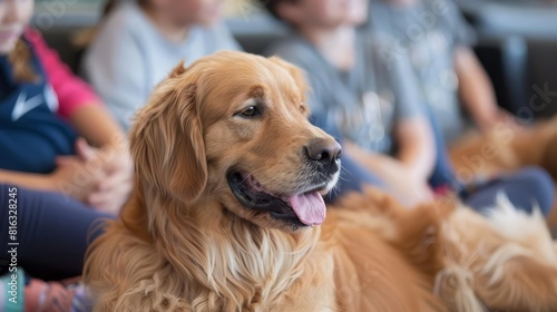 A therapeutic setting where dogs are trained in a group to provide emotional support, interacting gently with children and adults in a calming environment, Close up