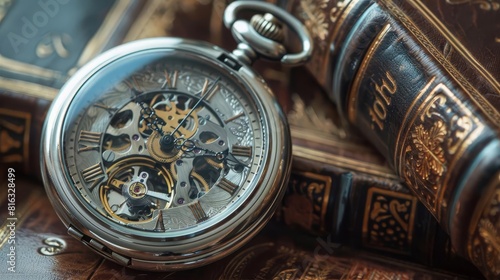 A vintage silver pocket watch opened to reveal its delicate inner mechanisms, set against a background of old leather books, Close up