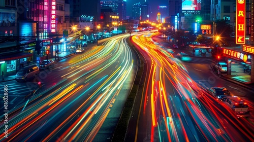 Vivid Cityscape at Night: A Blur of Colorful Lights and Motion