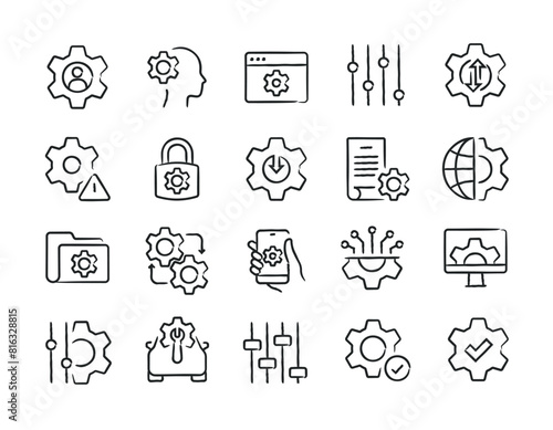 Setup and setting hand drawn doodle sketch style line icons. Vector illustration.
