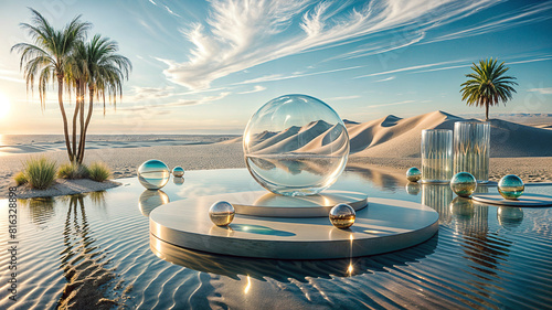 Surreal Desert Oasis display Crystal Spheres, Reflective Water Surface, Palm Trees, and Sand Dunes at Sunset. 3D Rendering photo